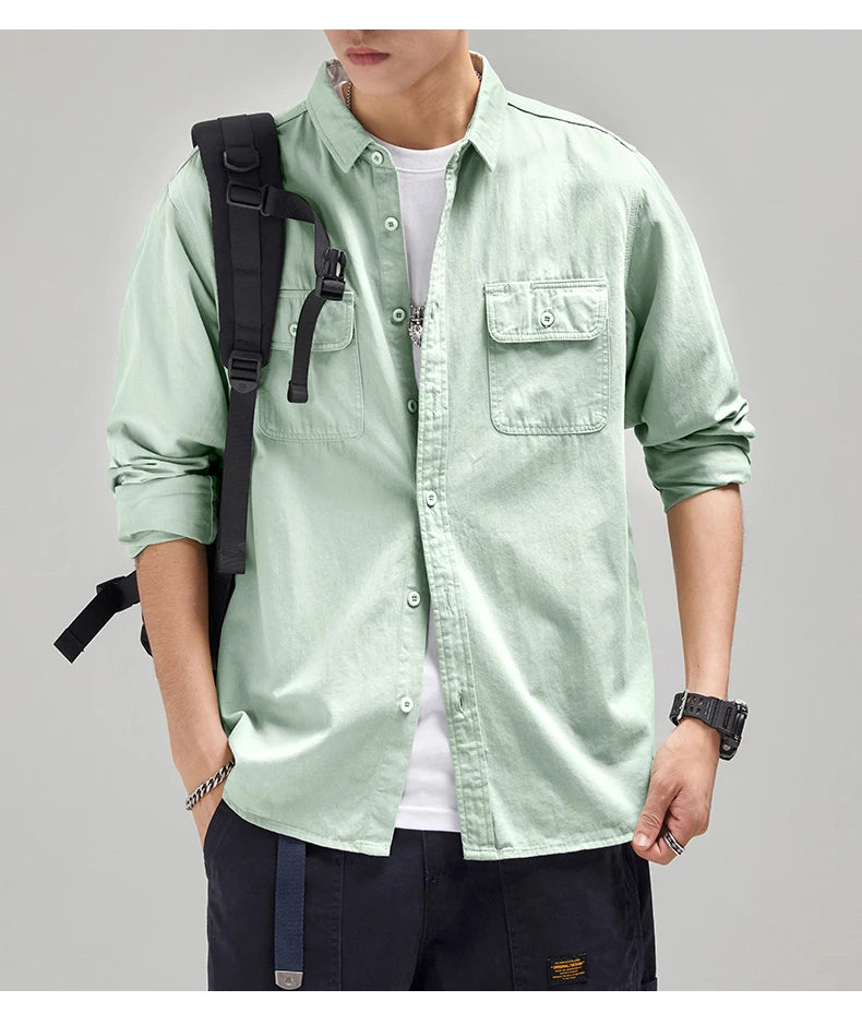 HIQOR New in Mens Vintage Shirt Male Lone Sleeve Cargo Shirts 100% Cotton Casual Solid Shirt Male Pocket Work Shirt Man Clothing