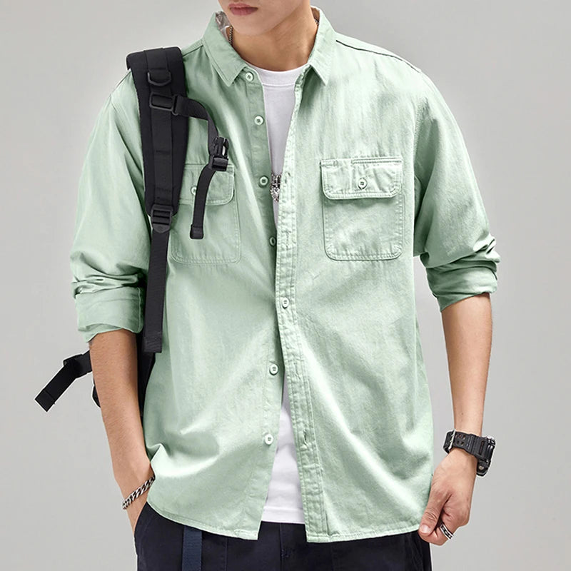 HIQOR New in Mens Vintage Shirt Male Lone Sleeve Cargo Shirts 100% Cotton Casual Solid Shirt Male Pocket Work Shirt Man Clothing