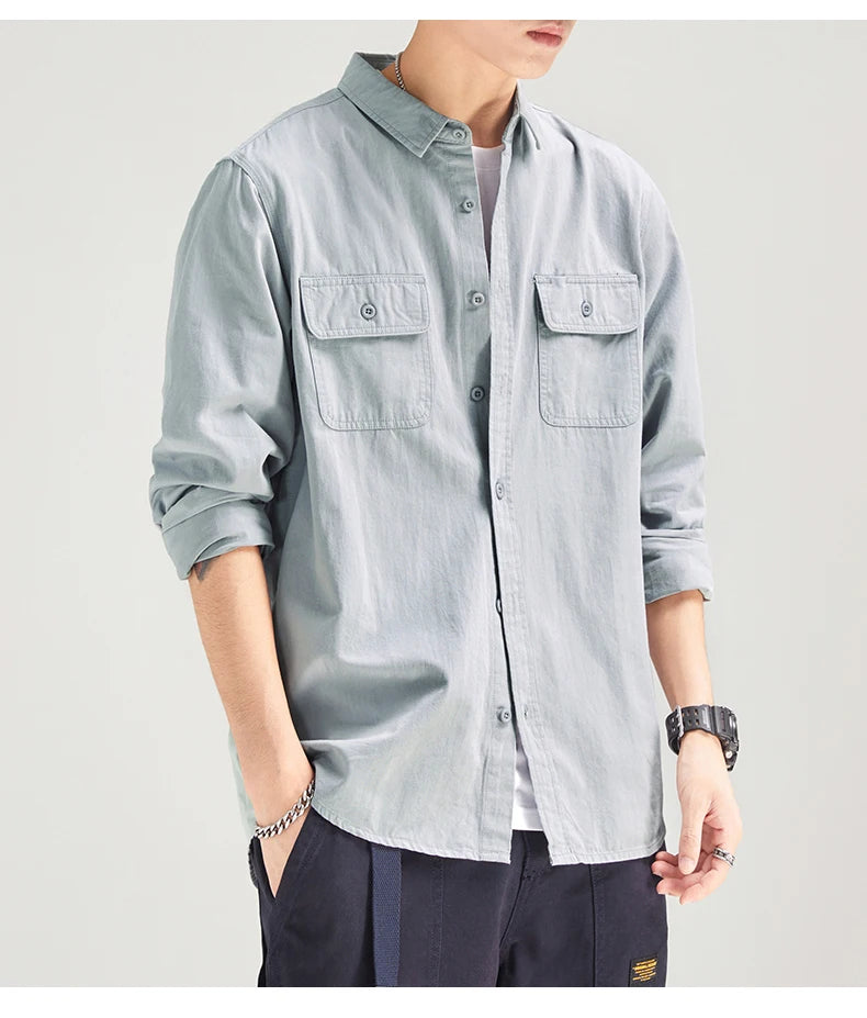 HIQOR New in Mens Vintage Shirt Male Lone Sleeve Cargo Shirts 100% Cotton Casual Solid Shirt Male Pocket Work Shirt Man Clothing