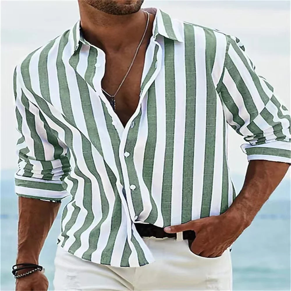Fashion 2025 Men's Shirt Long Sleeve Striped Print Top Men Social Luxury Men's Wear Hawaiian Elegant Classic Fashion S-6XL