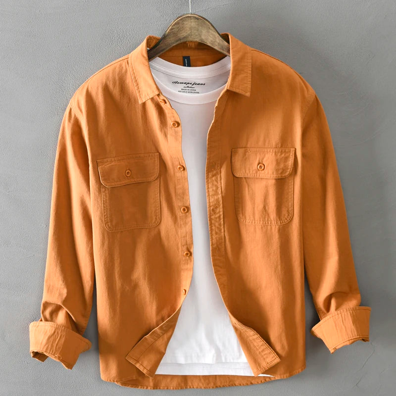 HIQOR New in Mens Vintage Shirt Male Lone Sleeve Cargo Shirts 100% Cotton Casual Solid Shirt Male Pocket Work Shirt Man Clothing