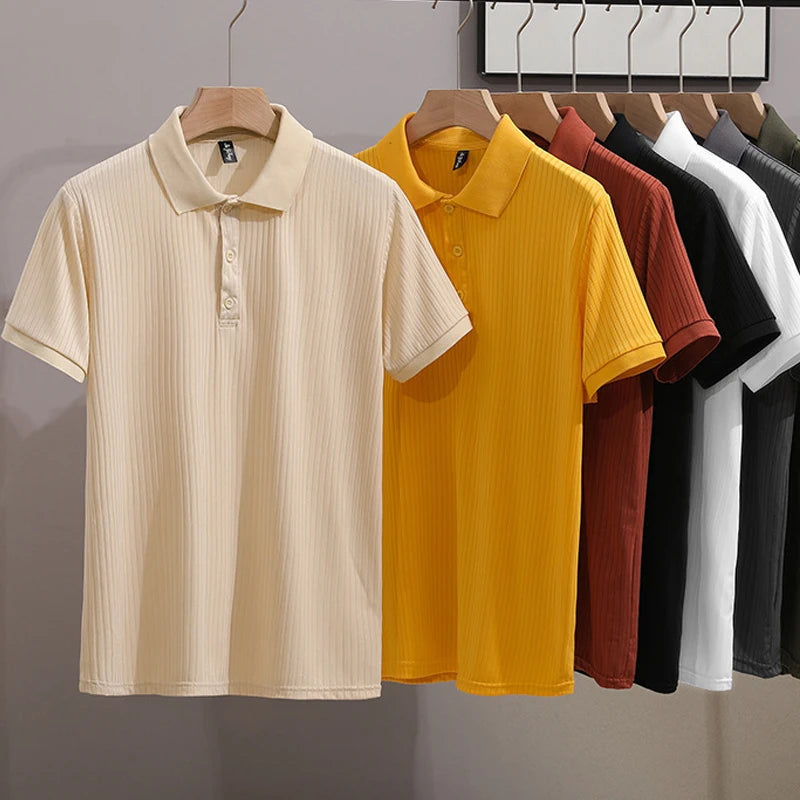 1pcs Men's Business Short Sleeved Solid POLO Shirt Ice Silk Casual Tees Fashion Breathable Comfort Versatile Tops Summer Tshirts