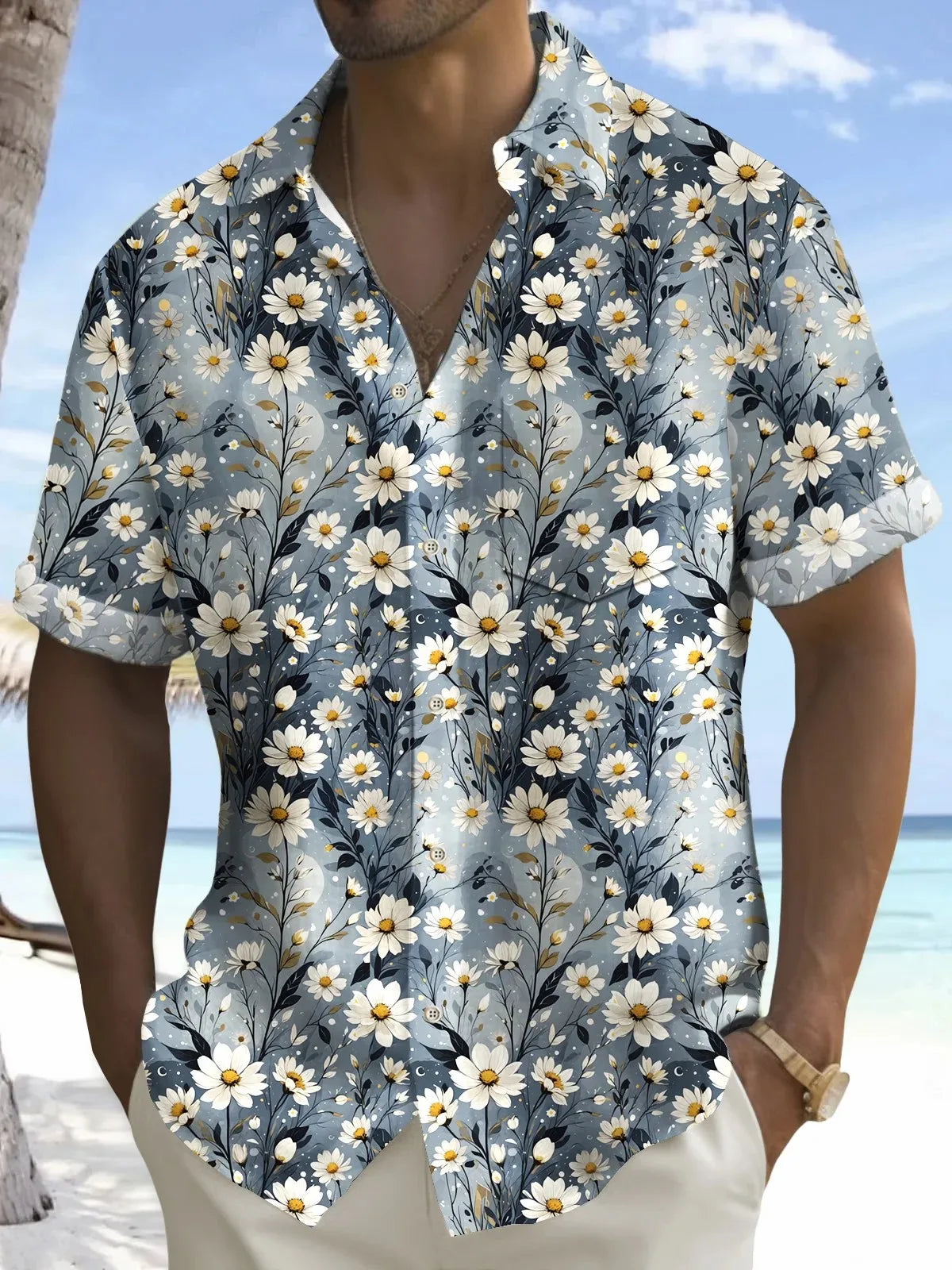 Summer Men's 3D Printed Flower Graphic Shirts Hawaiian Casual Shirt Button Up Shirt Short Sleeve Vacation Beach Wear No Pockets