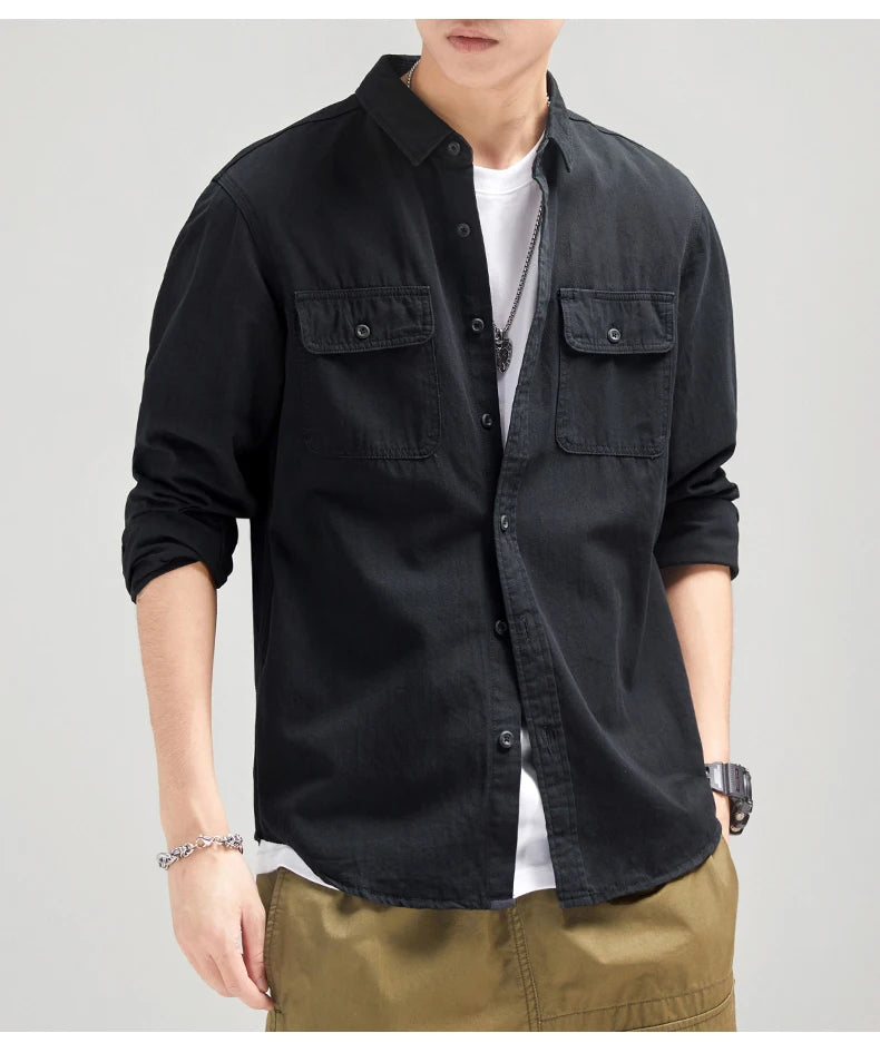 HIQOR New in Mens Vintage Shirt Male Lone Sleeve Cargo Shirts 100% Cotton Casual Solid Shirt Male Pocket Work Shirt Man Clothing
