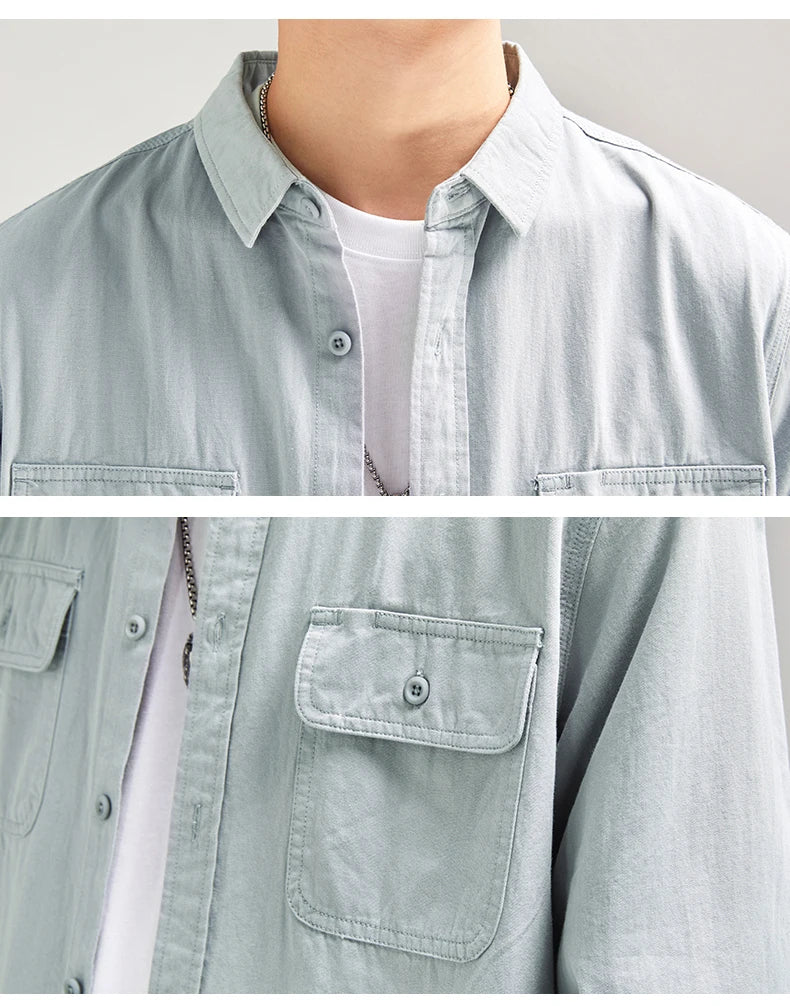 HIQOR New in Mens Vintage Shirt Male Lone Sleeve Cargo Shirts 100% Cotton Casual Solid Shirt Male Pocket Work Shirt Man Clothing
