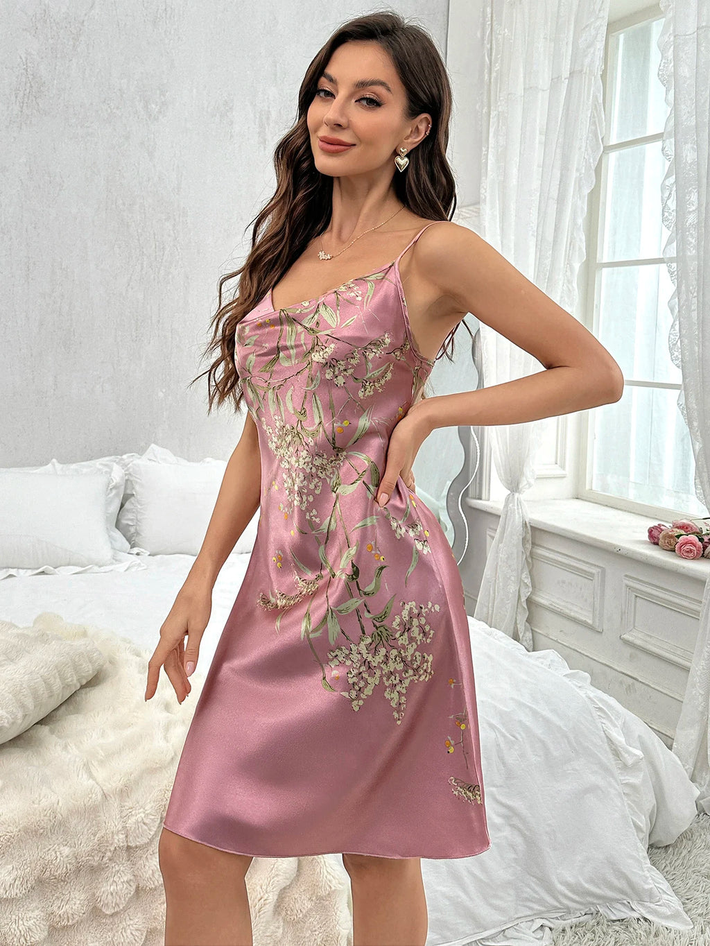 Floral Print Nightdress  Sexy V Neck Spaghetti Strap Sleep Dress Women's Sleepwear  Dresses