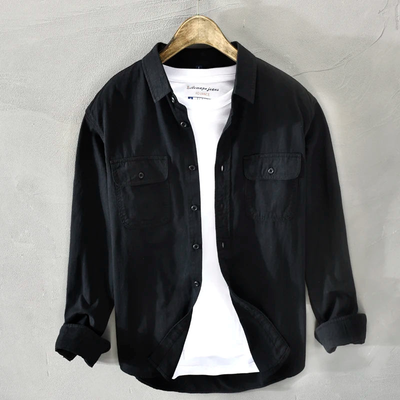 HIQOR New in Mens Vintage Shirt Male Lone Sleeve Cargo Shirts 100% Cotton Casual Solid Shirt Male Pocket Work Shirt Man Clothing