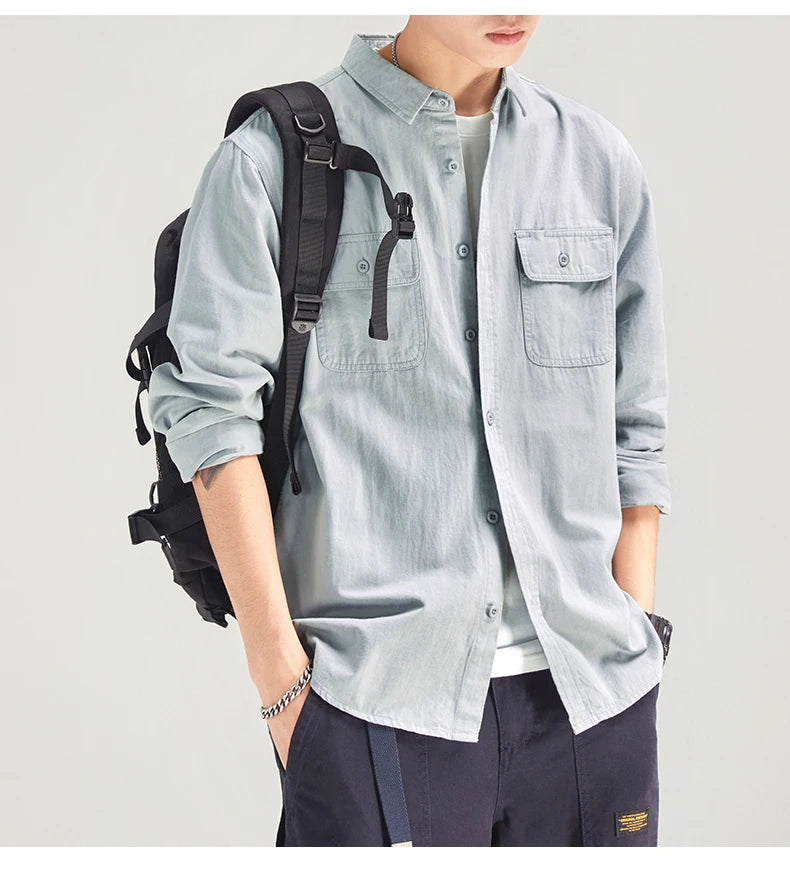 HIQOR New in Mens Vintage Shirt Male Lone Sleeve Cargo Shirts 100% Cotton Casual Solid Shirt Male Pocket Work Shirt Man Clothing