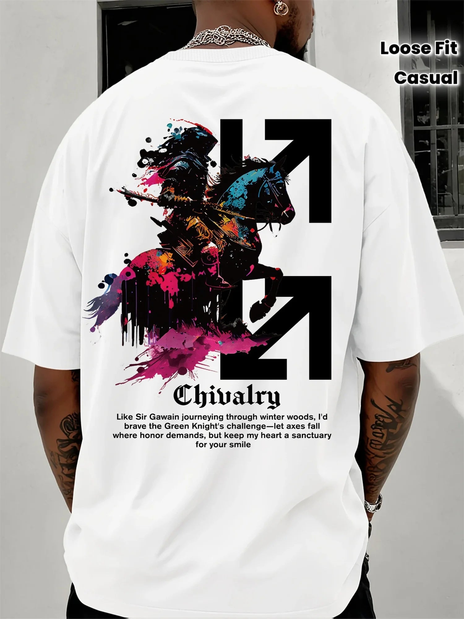 Mens Summer Casual Short-sleeved T-shirt with Knight and Axe Pattern Round Neck Design Loose Fit Comfortable Fabric Trendy Style