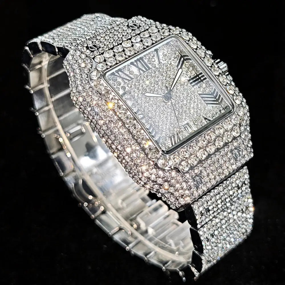 Hot UNIGUET Men's Square Watch Luxury Hip Hop Diamond Jewelry Waterproof Stainless Steel Quartz Wristwatch Fashion Man Accessory