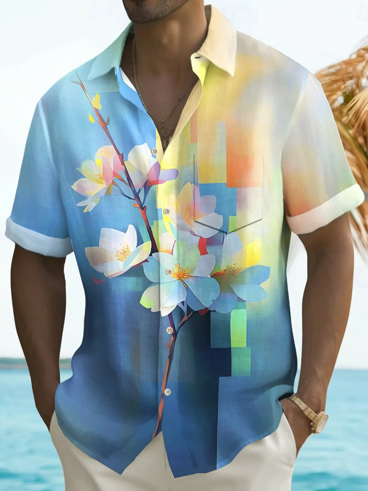 Summer Men's 3D Printed Flower Graphic Shirts Hawaiian Casual Shirt Button Up Shirt Short Sleeve Vacation Beach Wear No Pockets