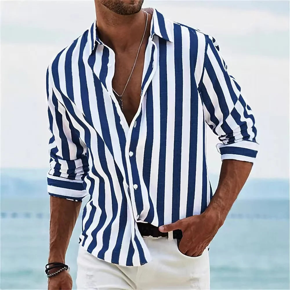Fashion 2025 Men's Shirt Long Sleeve Striped Print Top Men Social Luxury Men's Wear Hawaiian Elegant Classic Fashion S-6XL