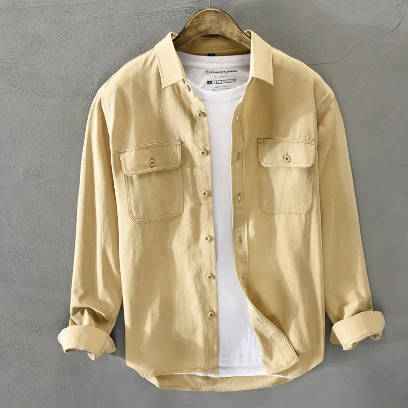 HIQOR New in Mens Vintage Shirt Male Lone Sleeve Cargo Shirts 100% Cotton Casual Solid Shirt Male Pocket Work Shirt Man Clothing